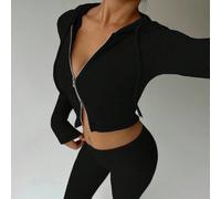 Ensemble sport décontracté beige en fleece avec texture côtelée, top court zippé à capuche et pantalon pattes d'eph rétro. Look tout-aller, essentiel minimaliste pour le printemps et l'automne L,M,S,X