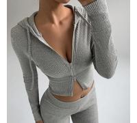 Ensemble sport décontracté tout-aller pour femmes, comprenant un sweat-shirt à fermeture éclair à texture côtelée en polaire abricot et un pantalon à jambes évasées rétro. Simple et polyvalent, adapté