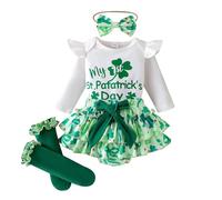 Ensemble Sport Enfant - Tenue de la Saint-Patrick pour bébé Fille Barboteuse imprimée à trèfles avec Short et Bandeau pour célébrations festives et Souvenirs photographiques