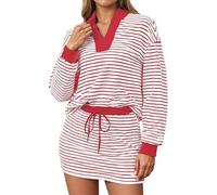 Ensemble Sport Femme Deux Pièces Décontracté Sweat Shirt À Rayures Et Jupe Longue Manches Short Jupe Tenue D'Entraînement(Red, XXL)