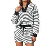 Ensemble Sport Femme Deux Pièces Décontracté Sweat Shirt À Rayures Et Jupe Longue Manches Short Jupe pour Entraînement Tenue Coordonnée(Black, L)