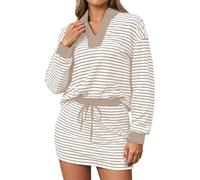 Ensemble Sport Femme Deux Pièces Décontracté Sweat Shirt À Rayures Et Jupe Longue Manches Short Jupe Tenue D'Entraînement(Khaki, XL)