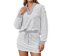 Ensemble Sport Femme Deux Pièces Décontracté Sweat Shirt À Rayures Et Jupe Longue Manches Short Jupe Tenue D'Entraînement(Grey, L)