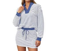 Ensemble Sport Femme Deux Pièces Décontracté Sweat Shirt À Rayures Et Jupe Longue Manches Short Jupe Tenue D'Entraînement(Blue, S)
