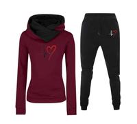 Ensemble Sport Femme Deux Pièces Sweat à Capuche Polaire Imprimé Cœur Battant Manches Longues et Pantalon Tenue Active Décontractée