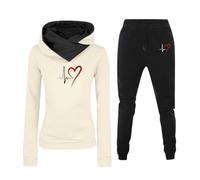 Ensemble Sport Femme Deux Pièces Sweat à Capuche Polaire Imprimé Cœur Battant Manches Longues et Pantalon Tenue Active Décontractée