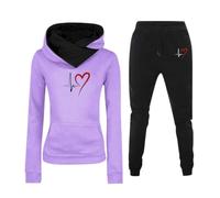 Ensemble Sport Femme Deux Pièces Sweat à Capuche Polaire Imprimé Cœur Battant Manches Longues et Pantalon Tenue Active Décontractée