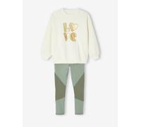 Ensemble sport fille sweat motif doré + legging vert sauge 10A