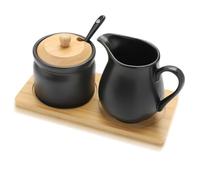 Ensemble sucrier et crème en céramique noir avec couvercle et cuillère, pichet à crème avec plateau, service à thé et café pour bar, maison, cuisine, bureau (noir)