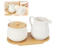 Ensemble Sucrier et Crémier en Céramique Blanc, avec Cuillère et Couvercle | Pot à Lait et Sucrier avec Plateau en Bois, Pot à Crème en Porcelaine, Compatible Micro-Ondes et Lave-Vaisselle