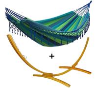 Ensemble support bois avec hamac à franges bleu et vert