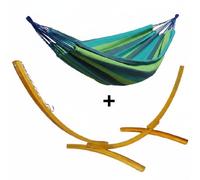 Ensemble support bois avec hamac simple bleu et vert