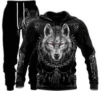 Ensemble survêtement 3D avec capuche et pantalon, pour homme, motif de loup de lion 3D (loup 3,2XL)