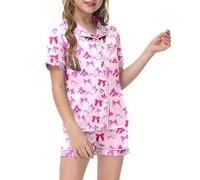 Ensemble SurvêTement Enfant - Ensemble Pyjama Deux Pièces pour Fille Imprimé Moderne à Manches Courtes avec Chemise à Boutons et Short Confortable #0120A