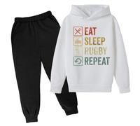 Ensemble Survetement Enfant Garcon 3-14 Ans Sport Rugby Pull Sweats à Capuche garçon ado Manche Longue avec Texte Jogging Pantalons Fille Tenue Habit Vetement Automne Printemps (White, 9-10 Years)