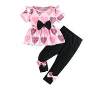 Ensemble SurvêTement Enfant - Tenue de Saint-Valentin pour bébé Fille Ensemble Deux Pièces d'Été avec Haut à Nœud Léopard et Pantalon Large à Motifs Cœurs