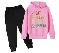 Ensemble sweat à capuche et pantalon de survêtement 2 pièces pour filles - Ensemble de survêtement décontracté pour l'automne et les tout-petits - Mangez dormir, rugby, répétition - Ensemble de