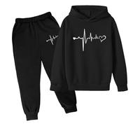 Ensemble Sweat à Capuche Fille Garçon Enfant Unisexe Deux Pièces Automne Hiver Pullover Sweat Shirt Pantalon Mode Populaire Imprimé Coeur Corsage(Black, 12-13 Years)