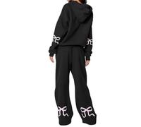 Ensemble Sweat Shirt 2 Pièces Y2K à Capuche et Sweat Shirt Oversize à Imprimé Nœud Tenues d'automne(Black,Medium)