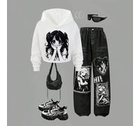 Ensemble Sweat-shirt à capuche court polyvalent et décontracté pour préadolescentes avec motif graffiti + pantalon long ample à l'aspect jean avec motif graffiti 8Y,9Y,10Y,11Y,12YCartoon,Blocs de coul