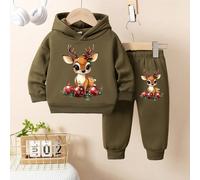 Ensemble sweat-shirt à capuche et pantalon décontracté mignon avec imprimé de cerf de Noël pour tout-petits, automne/hiver 6-9M,9-12M,12-18M,18-24M,2-3YCartoon,Noël,PlantesPolyester