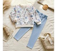Ensemble sweat-shirt à manches longues avec dégradé jaune et fleurs et leggings côtelés, tenue et mignonne pour le printemps/automne 6Y,7Y,8Y,4Y,5YPlantesTissu tricoté,Tricot côtelé