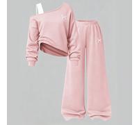 Ensemble sweat-shirt automne/hiver pour filles préadolescentes, encolure asymétrique avec bretelle d'épaule et patchwork, top court asymétrique avec imprimé nœud + pantalon droit à taille élastique as