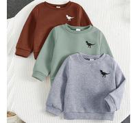 Ensemble sweat-shirt automne pour bébé garçon, doublure polaire épaisse, couleur unie, petit motif dinosaure, col rond, manches longues, multi-pièces 6-9M,9-12M,12-18M,18-24M,2-3YAnimalPolyester