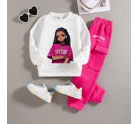 Ensemble sweat-shirt col ras-du-cou et pantalon de survêtement avec imprimé de dessin animé pour jeune fille 6Y,7Y,4Y,5Y,2-3YCartoon,Portrait,LettresTissu tricoté