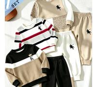 Ensemble sweat-shirt & pantalon de survêtement pour bébés & tout-petits garçons, style décontracté basique, col rond, motif imprimé rayé patchwork 3 couleurs noir blanc kaki avec couronne K 6-9M,9-12M