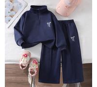 Ensemble Sweat-shirt-shirt à col montant zippé, style sportif marin, avec nœud et broderie, pour jeunes filles. Style minimaliste et confortable, pour l'automne/hiver 6Y,7Y,4Y,5YRayéÉtoffe