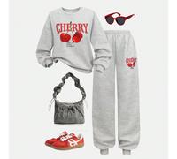 Ensemble Sweat-shirt-shirt à col ras-du-cou en molleton avec imprimé graphique de cerise et pantalon de jogging assorti, style décontracté de rue ample et oversize pour préadolescentes. Tenue de retou