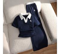 Ensemble t-shirt à col polo à manches courtes et pantalon pour filles pré-adolescentes, style casual avec broderie chevalier et couleurs contrastées, pour l'été 8Y,9Y,10Y,11Y,12YRayéPolyester