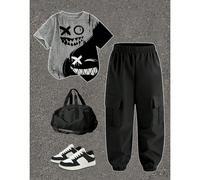 Ensemble t-shirt à col ras-du-cou à manches courtes avec imprimé crâne et visage de jeune garçon, assorti à un pantalon cargo. Convient pour les festivals, les fêtes, décontracté et confortable pour l