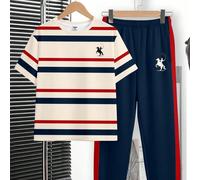 Ensemble T-shirt à col ras-du-cou à manches courtes et pantalon long décontracté, confortable et minimaliste pour garçon préadolescent, imprimé rayures classique rétro, imprimé logo chevalier poney ex