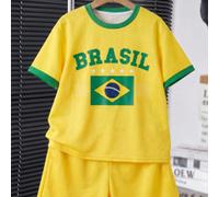 Ensemble T-shirt à col ras-du-cou à manches courtes et short décontracté confortable et minimaliste pour garçon préadolescent, imprimé graphique classique élégant avec texte et drapeau du Brésil, impr