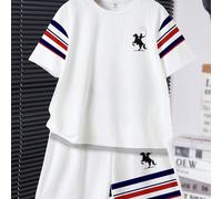 Ensemble t-shirt à col ras-du-cou à manches courtes et short décontracté et confortable pour garçon préadolescent, style campus classique, imprimé graphique rayé cool, silhouette super chevalier cowbo