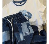 Ensemble t-shirt à col rond à manches courtes et pantalon à taille élastique avec imprimé chien pour femmes L,M,S,XL,XSGéométriqueTissu tricoté,Tissu tissé