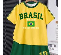 Ensemble T-shirt à col rond à manches courtes et short décontracté, confortable et minimaliste pour garçon préadolescent, imprimé graphique classique et élégant avec texte Brésil et drapeau, imprimé g