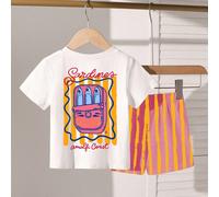Ensemble T-shirt à col rond à manches courtes et short pour jeune garçon, style vacances, cool et amusant, imprimé rayures et homard avec slogan anglais, pantalon rayé à imprimé intégral, tenue de spo