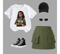 Ensemble t-shirt à manches courtes à col rond et jupe cargo courte de style minimaliste pour jeune fille, adapté à l'été 6Y,7Y,4Y,5YCartoon,Portrait,LettresPolyester,Tissu tricoté