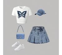 Ensemble t-shirt à manches courtes ajusté avec imprimé papillon et mini-jupe en jean plissée, style décontracté pour le quotidien et les déplacements, pour l'été 14Y,11Y,12Y,13Y,16Y,15YAnimal,Blocs de