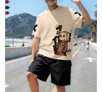 Ensemble t-shirt à manches courtes col rond avec motif carré bande dessinée + pantalon cargo pour adolescents garçons, nouveau pour l'été 6Y,7Y,8Y,9Y,10Y,4Y,5Y,14Y,11Y,12Y,13Y,16Y,15YCartoon,Blocs de