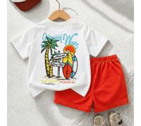 Ensemble T-shirt à manches courtes col rond en tricot doux et short à taille élastique pour bébé garçon, T-shirt blanc simple associé à un short orange, imprimé intégral au dos avec éléments de surf h