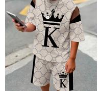 Ensemble t-shirt à manches courtes col rond et short décontracté et confortable pour pré-adolescent, style minimaliste. Imprimés classiques et à la mode : ours en peluche, motifs rétro, texte "King", 