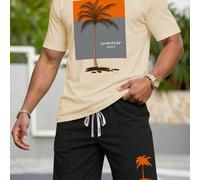 Ensemble t-shirt à manches courtes col rond et short imprimé palmiers pour hommes, décontracté, été, vacances L,M,S,XL,XXLLettresPolyester
