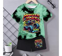 Ensemble t-shirt à manches courtes col rond et short pour jeune garçon, style décontracté d'été avec imprimé voiture et tie-dye 6Y,7Y,4Y,5YVoiture,Lettres,Tie dyeÉtoffe