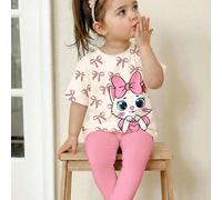 Ensemble t-shirt à manches courtes et leggings blanc crème et rose crème, imprimé mignon d'animal chat, style décontracté minimaliste pour bébé fille. Doux et confortable, col rond, ample. Convient po
