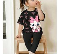 Ensemble t-shirt à manches courtes et leggings, col rond, noir et rose, imprimé animal mignon chat, décontracté et confortable, adapté pour le port quotidien, le style de rue, les sorties, la maison, 
