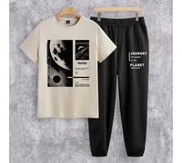 Ensemble t-shirt à manches courtes et pantalon imprimé graphique lune et trou noir, colorbloqué. Tenue décontractée et confortable pour homme. L,M,S,XL,XS,XXL,XXS,XXXL,XXXXLgraphique,LettresTissu tric